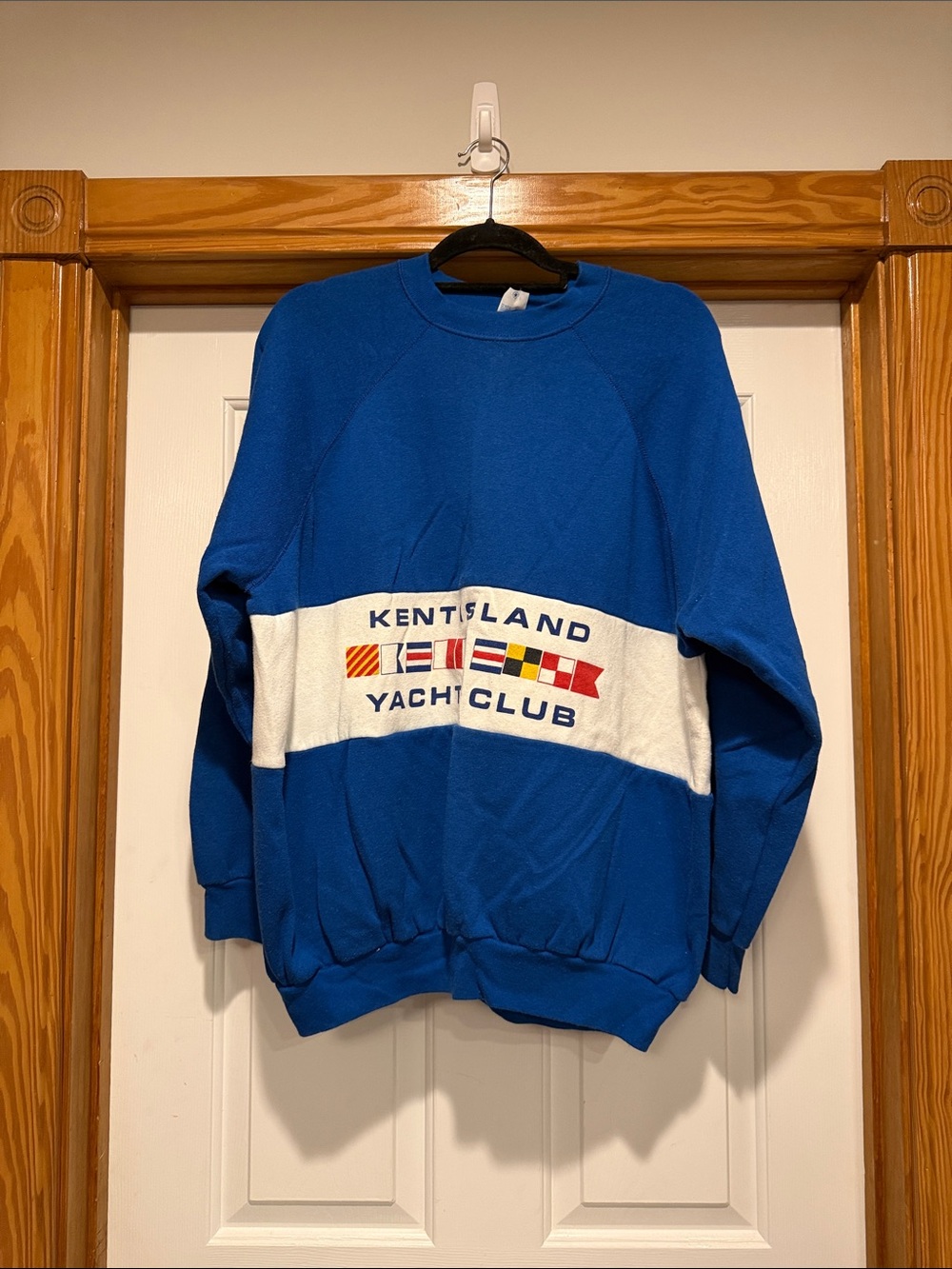 Tultex Blue Crewneck Sweater with White Band and Nautical Flags